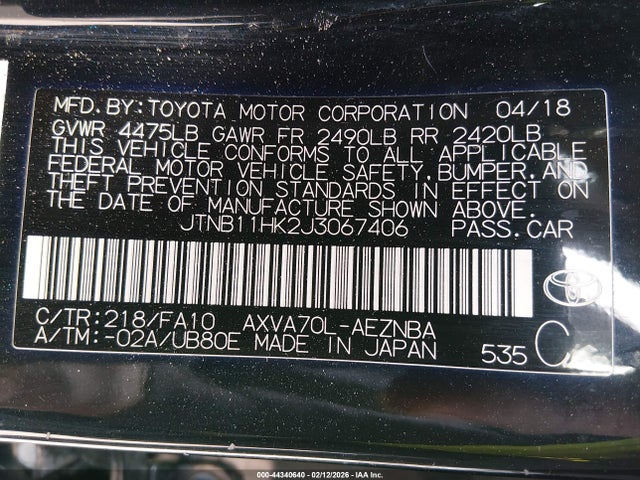 2018 Toyota Camry Le მანქანა იყიდება აუქციონზე, vin: JTNB11HK2J3067406, აუქციონის ნომერი: 44340640