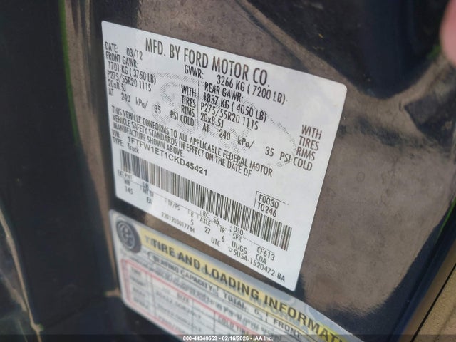 Aukcja sprzedaży 2012 Ford F-150 Lariat, vin: 1FTFW1ET1CKD45421, numer aukcji: 44340659