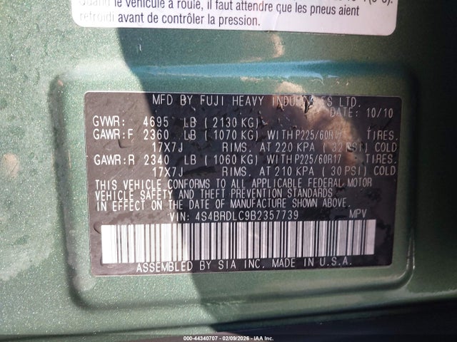 Продаж на аукціоні авто 2011 Subaru Outback 3.6r Limited, vin: 4S4BRDLC9B2357739, номер лоту: 44340707