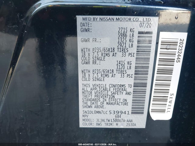 Aukcja sprzedaży 2020 Infiniti Qx60 Luxe, vin: 5N1DL0MN7LC539941, numer aukcji: 44340745