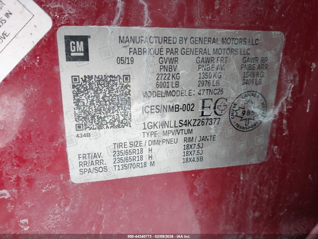 44340773 :رقم المزاد ، 1GKKNLLS4KZ267377 vin ، 2019 Gmc Acadia Sle-2 مزاد بيع