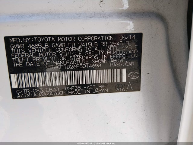 2014 Lexus Is 250 მანქანა იყიდება აუქციონზე, vin: JTHCF1D26E5014698, აუქციონის ნომერი: 44340786