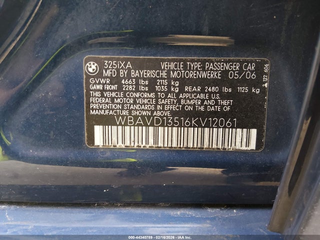 2006 Bmw 325xi მანქანა იყიდება აუქციონზე, vin: WBAVD13516KV12061, აუქციონის ნომერი: 44340789
