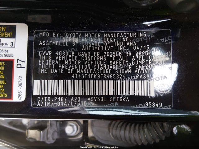 Toyota CAMRY XLE 2015 4T4BF1FK9FR495324 Image 9