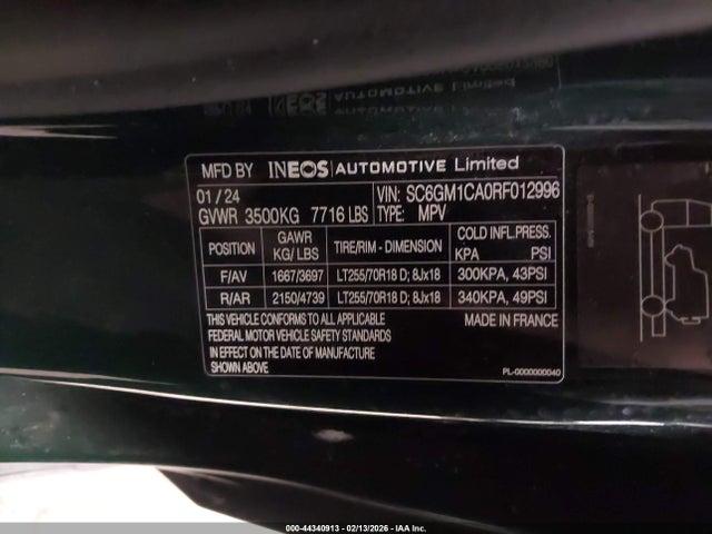 Продаж на аукціоні авто 2024 Ineos Grenadier Fieldmaster Edition/trialmaster Edition, vin: SC6GM1CA0RF012996, номер лоту: 44340913