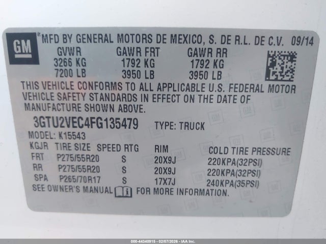 Aukcja sprzedaży 2015 Gmc Sierra 1500 Slt, vin: 3GTU2VEC4FG135479, numer aukcji: 44340915