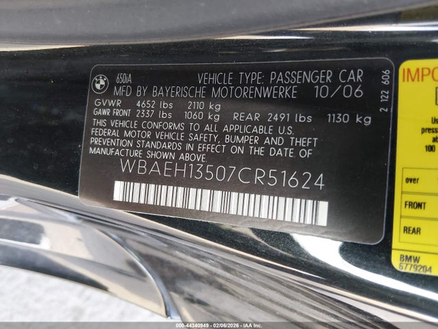 2007 BMW 650I WBAEH13507CR51624 Photo 8