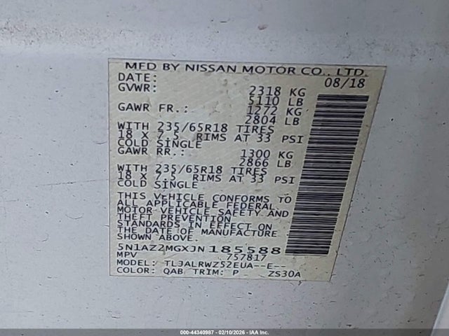 2018 Nissan Murano Sl მანქანა იყიდება აუქციონზე, vin: 5N1AZ2MGXJN185588, აუქციონის ნომერი: 44340987