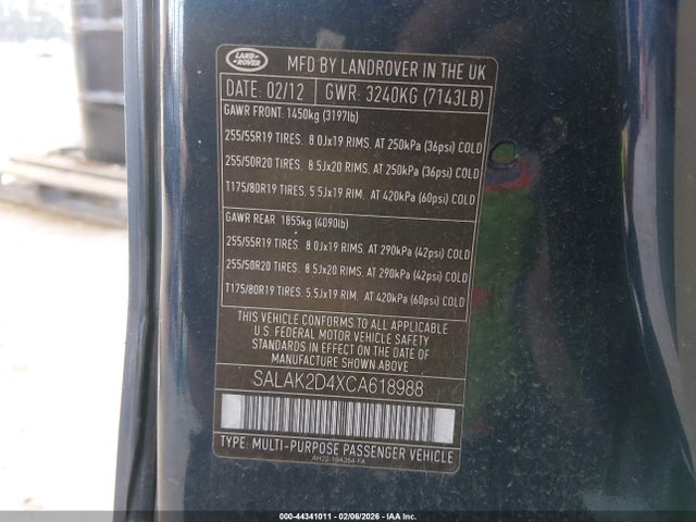 44341011 :رقم المزاد ، SALAK2D4XCA618988 vin ، 2012 Land Rover Lr4 مزاد بيع