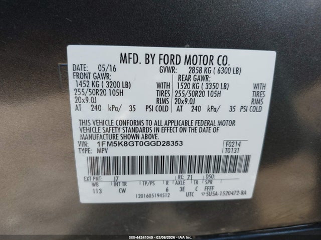 Aukcja sprzedaży 2016 Ford Explorer Sport, vin: 1FM5K8GT0GGD28353, numer aukcji: 44341049