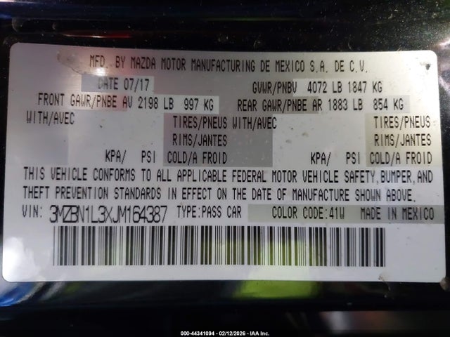 Aukcja sprzedaży 2018 Mazda Mazda3 Touring, vin: 3MZBN1L3XJM164387, numer aukcji: 44341094