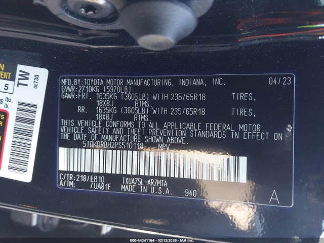 44341164 :رقم المزاد ، 5TDKDRBH2PS510118 vin ، 2023 Toyota Highlander Xle مزاد بيع