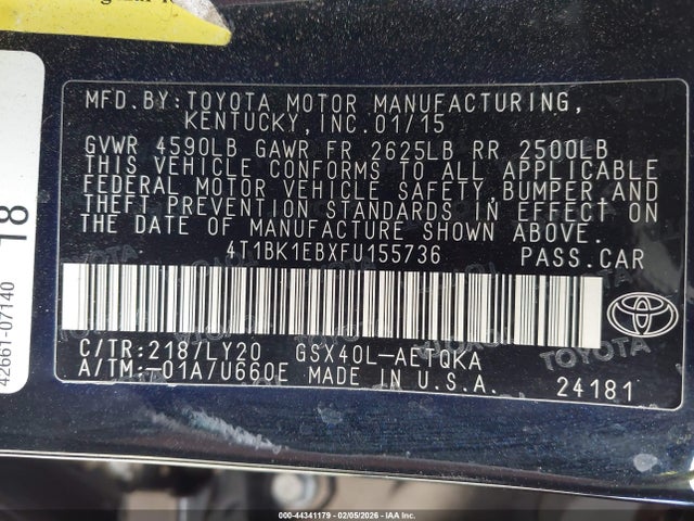 4T1BK1EBXFU155736 Toyota Avalon Xle Touring Se