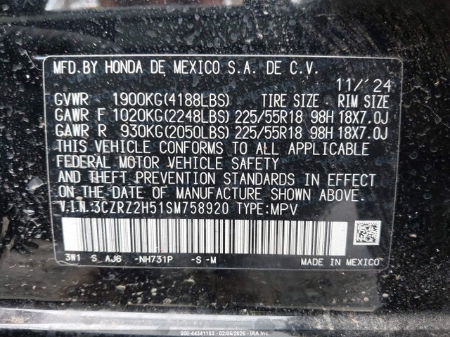 3CZRZ2H51SM758920 Honda Hr-v Awd Sport