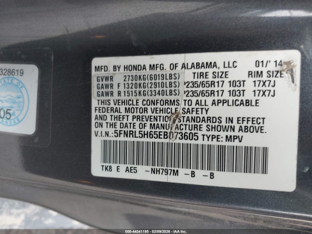 5FNRL5H65EB073605 Honda Odyssey Ex-l
