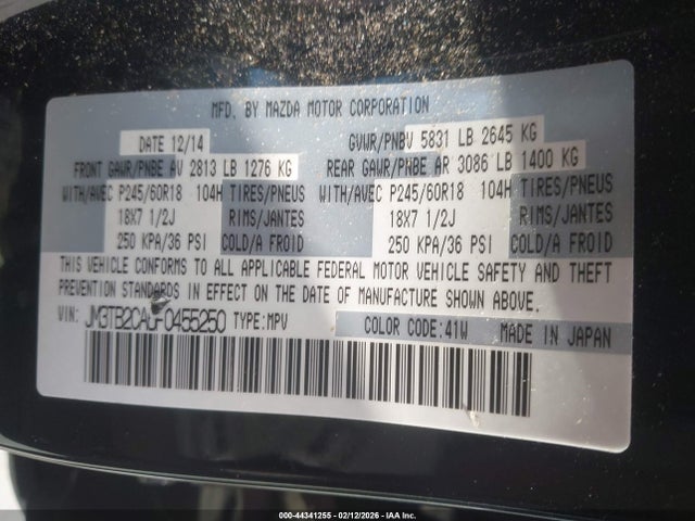 44341255 :رقم المزاد ، JM3TB2CA6F0455250 vin ، 2015 Mazda Cx-9 Touring مزاد بيع
