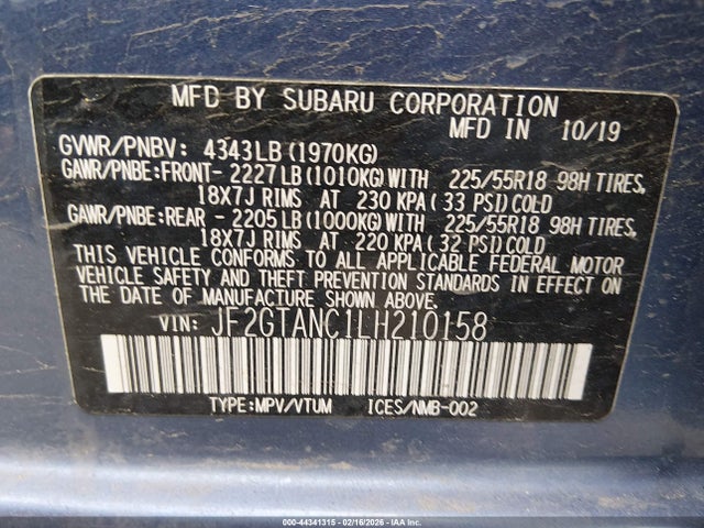 Продажа на аукционе авто 2020 Subaru Crosstrek Limited, vin: JF2GTANC1LH210158, номер лота: 44341315