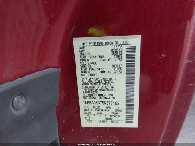 44341370 :رقم المزاد ، 1N6BA06B75N577162 vin ، 2005 Nissan Titan Le مزاد بيع