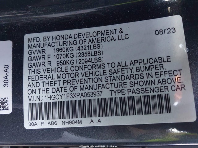 1HGCY1F3XPA053937 Honda ACCORD EX