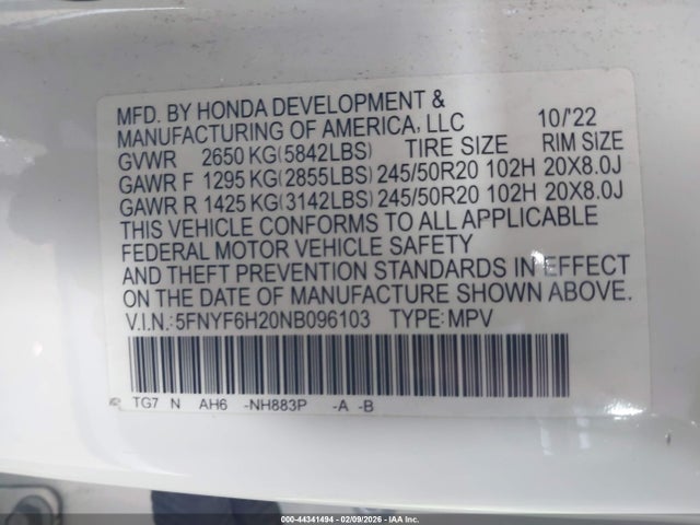 Honda Pilot Awd Special Edition 2022 5FNYF6H20NB096103 Image 9