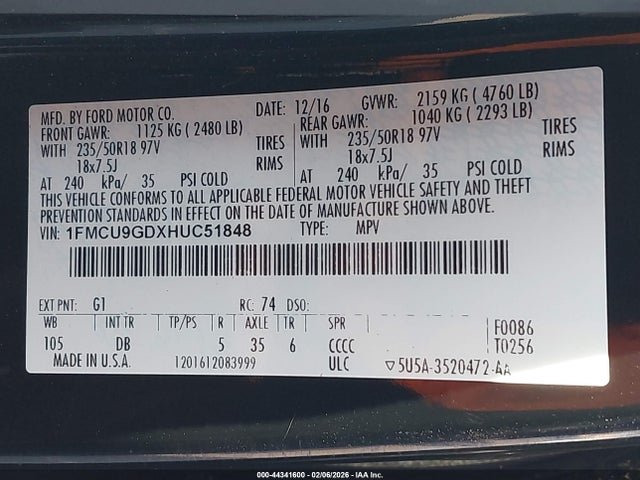 1FMCU9GDXHUC51848 Ford ESCAPE SE