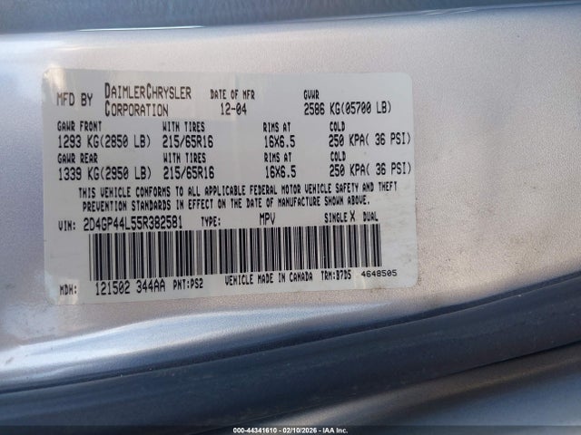 2005 Dodge Grand Caravan Sxt მანქანა იყიდება აუქციონზე, vin: 2D4GP44L55R382581, აუქციონის ნომერი: 44341610