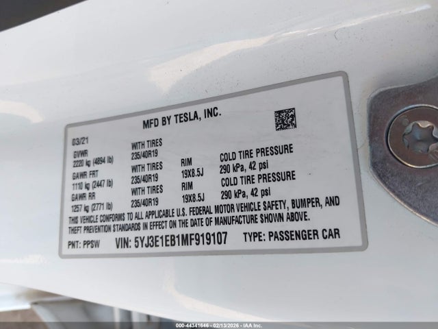 Продаж на аукціоні авто 2021 Tesla Model 3 Long Range Dual Motor All-wheel Drive, vin: 5YJ3E1EB1MF919107, номер лоту: 44341646