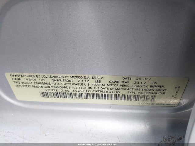 44341663 :رقم المزاد ، 3VWEF81K57M185136 vin ، 2007 Volkswagen Jetta Wolfsburg Edition مزاد بيع