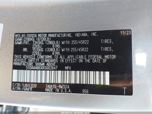 Aukcja sprzedaży 2024 Lexus Tx 350 Luxury, vin: 5TDAAAB6XRS002647, numer aukcji: 44341701