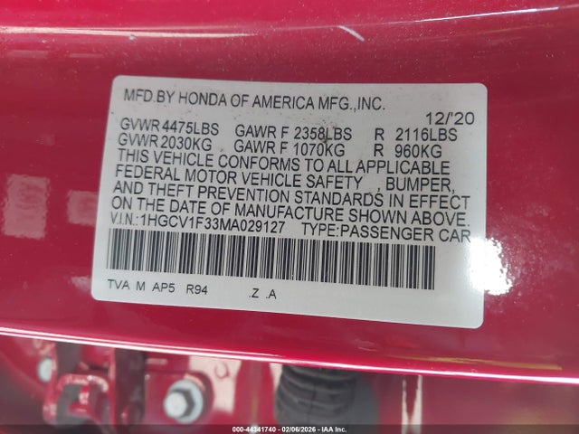 1HGCV1F33MA029127 Honda Accord Sport