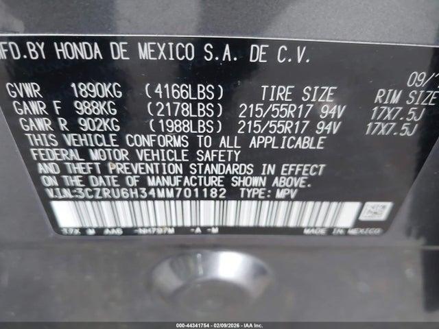 3CZRU6H34MM701182 Honda Hr-v Awd Lx