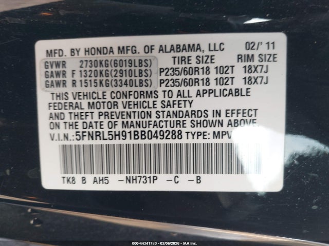 2011 HONDA ODYSSEY 5FNRL5H91BB049288 Photo 8