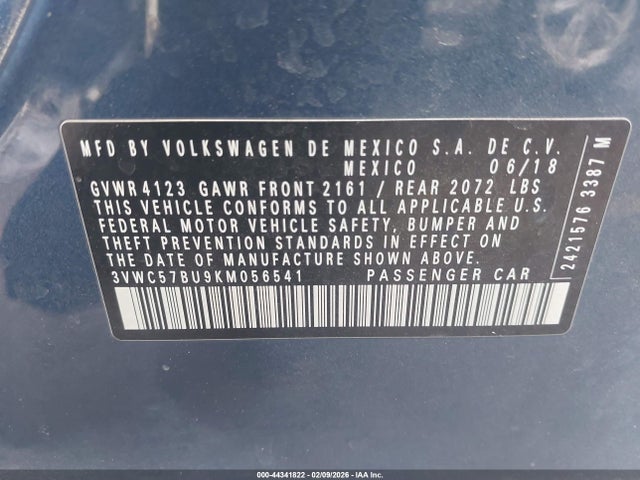 2019 Volkswagen Jetta 1.4t R-line/1.4t S/1.4t Se მანქანა იყიდება აუქციონზე, vin: 3VWC57BU9KM056541, აუქციონის ნომერი: 44341822