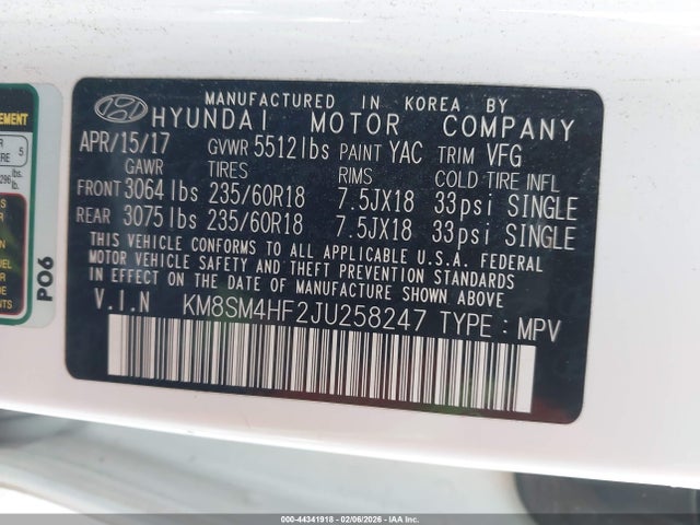 KM8SM4HF2JU258247 Hyundai Santa Fe Se