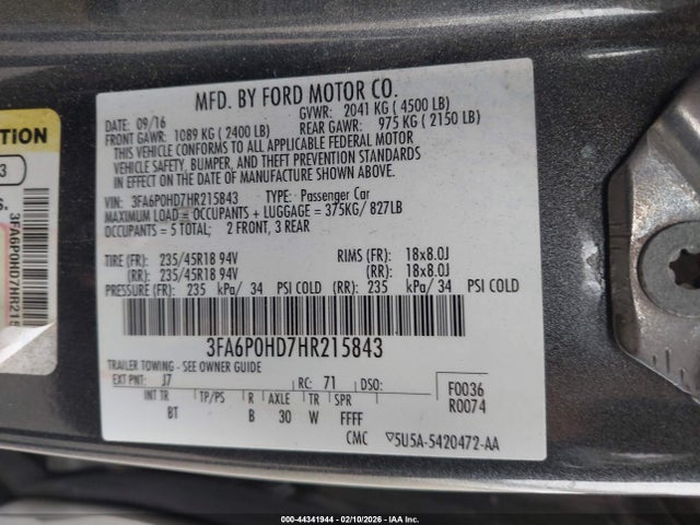 Ford FUSION SE 2017 3FA6P0HD7HR215843 Image 9