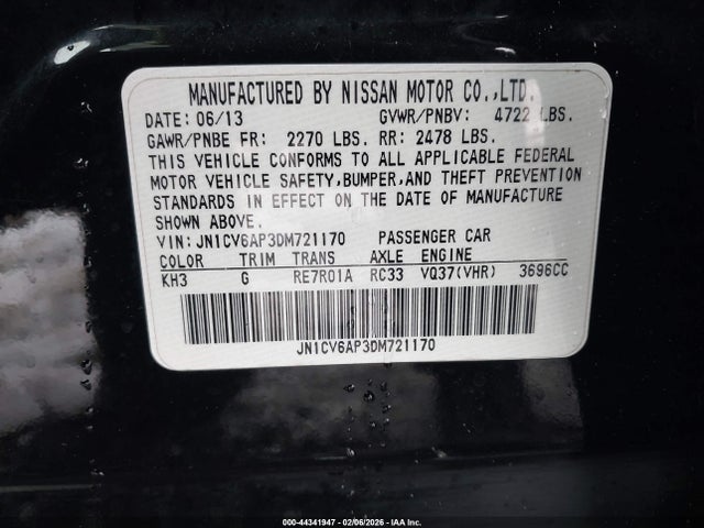 44341947 :رقم المزاد ، JN1CV6AP3DM721170 vin ، 2013 Infiniti G37 Journey مزاد بيع