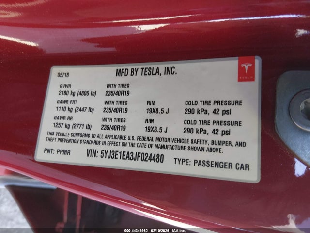 Продаж на аукціоні авто 2018 Tesla Model 3 Long Range/mid Range, vin: 5YJ3E1EA3JF024480, номер лоту: 44341962