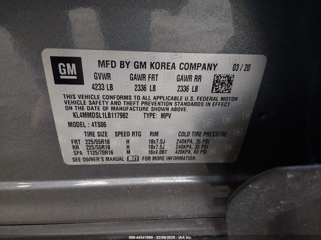 44341990 :رقم المزاد ، KL4MMDSL1LB117982 vin ، 2020 Buick Encore Gx Fwd Select مزاد بيع