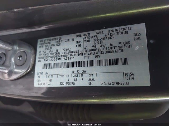 1FMCU0G69MUA78511 Ford ESCAPE SE