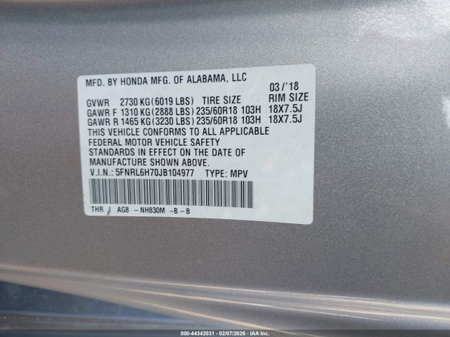 5FNRL6H70JB104977 Honda Odyssey Ex-l