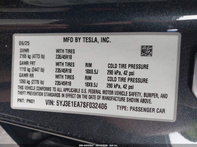 2025 Tesla Model 3 Long Range Rear-wheel Drive/standard Rear-wheel Drive მანქანა იყიდება აუქციონზე, vin: 5YJ3E1EA7SF032406, აუქციონის ნომერი: 44342047