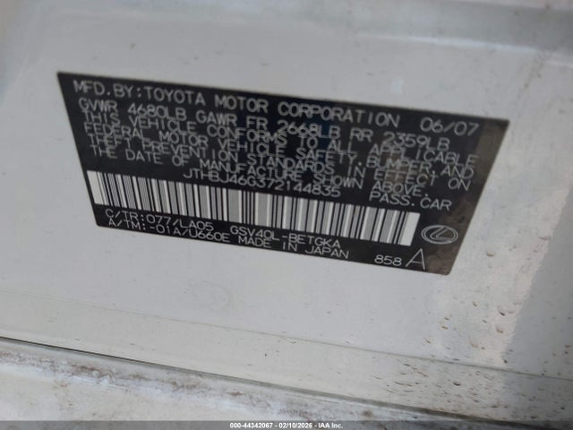 Aukcja sprzedaży 2007 Lexus Es 350, vin: JTHBJ46G372144835, numer aukcji: 44342067