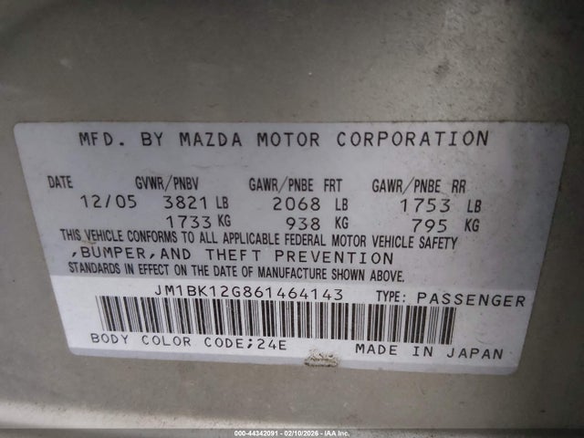 44342091 :رقم المزاد ، JM1BK12G861464143 vin ، 2006 Mazda Mazda3 I مزاد بيع