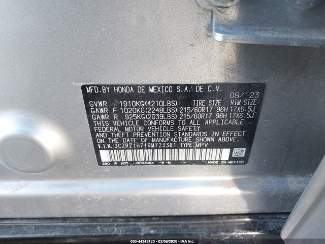 3CZRZ1H71RM723381 Honda Hr-v 2wd Ex-l/2wd Ex-l W/o Bsi