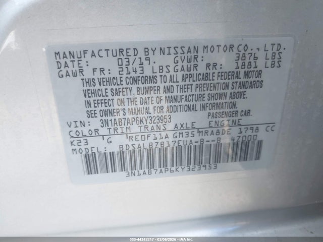 3N1AB7AP6KY323953 Nissan SENTRA S