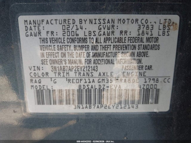 3N1AB7AP2EY212143 Nissan Sentra Fe+ S/fe+ Sv/s/sl/sr/sv