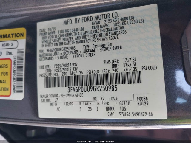 Ford Fusion Hybrid S 2016 3FA6P0UU9GR250985 Image 9
