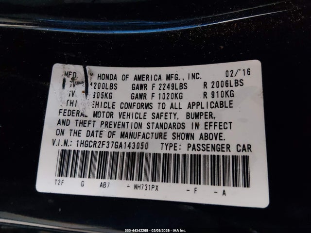 1HGCR2F37GA143050 Honda ACCORD LX