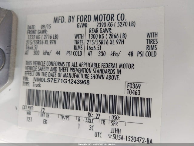 44342301 :رقم المزاد ، NM0LS7E71G1243968 vin ، 2016 Ford Transit Connect Xl مزاد بيع