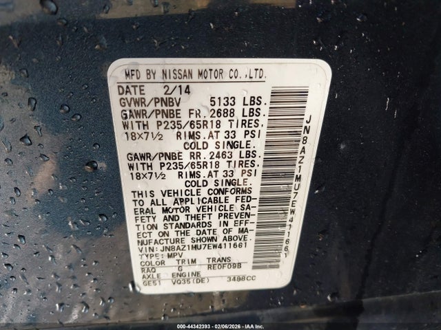 Продажа на аукционе авто 2014 Nissan Murano Sv, vin: JN8AZ1MU7EW411661, номер лота: 44342393